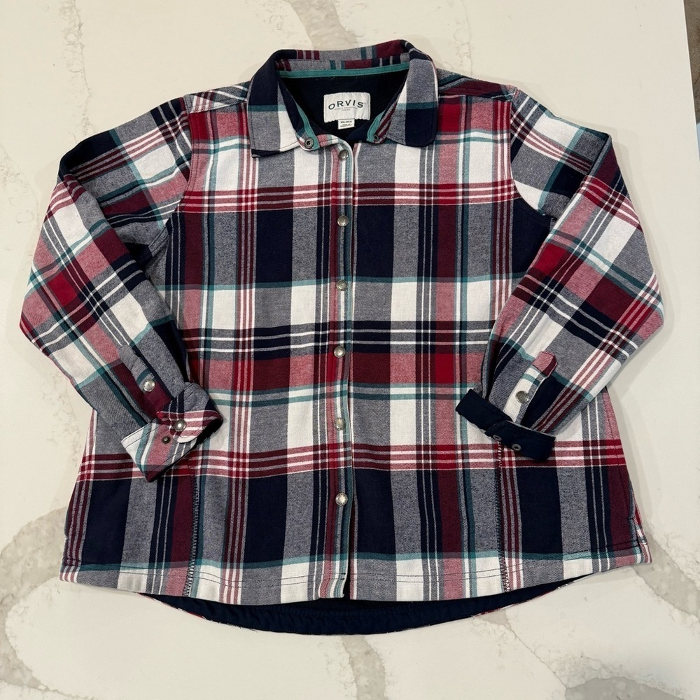 Orvis Fleece Lined Plaid Flannel Pinnacle Shirt Jacket Shacket Women’s XXL Blue